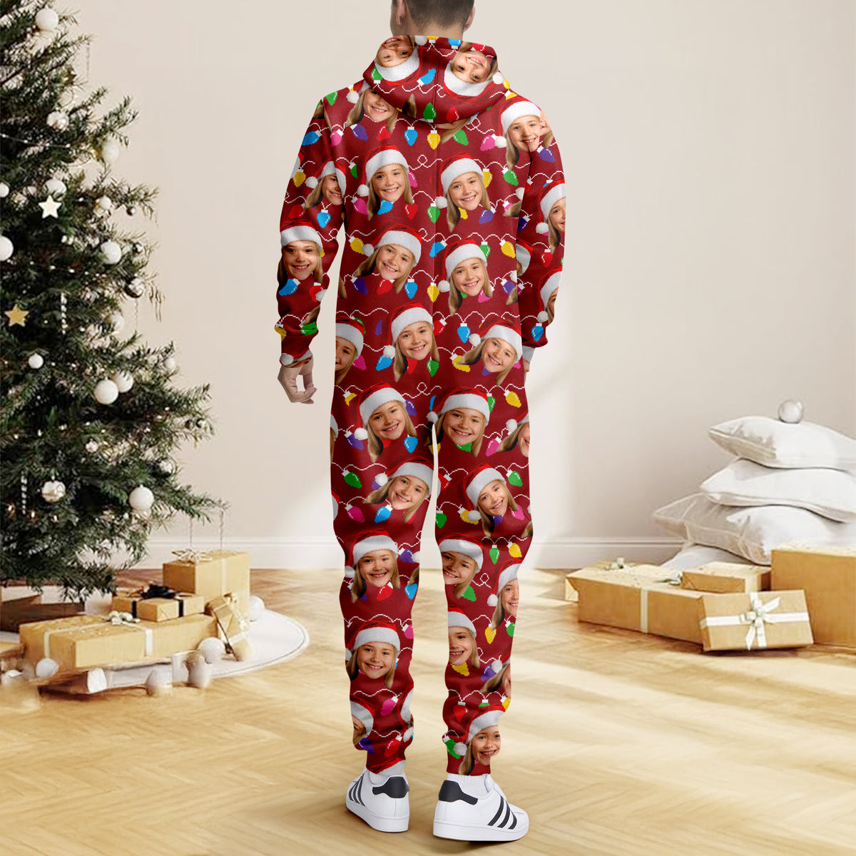 Custom Human Face Photo With Colorful Christmas Lights Onesie Pajamas HO82 900188