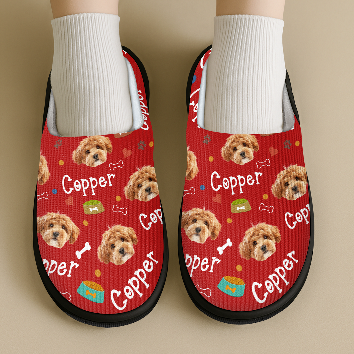 Custom Photo With Paw And Bowl Pattern Dog Cat Plush Slippers HO82 900304