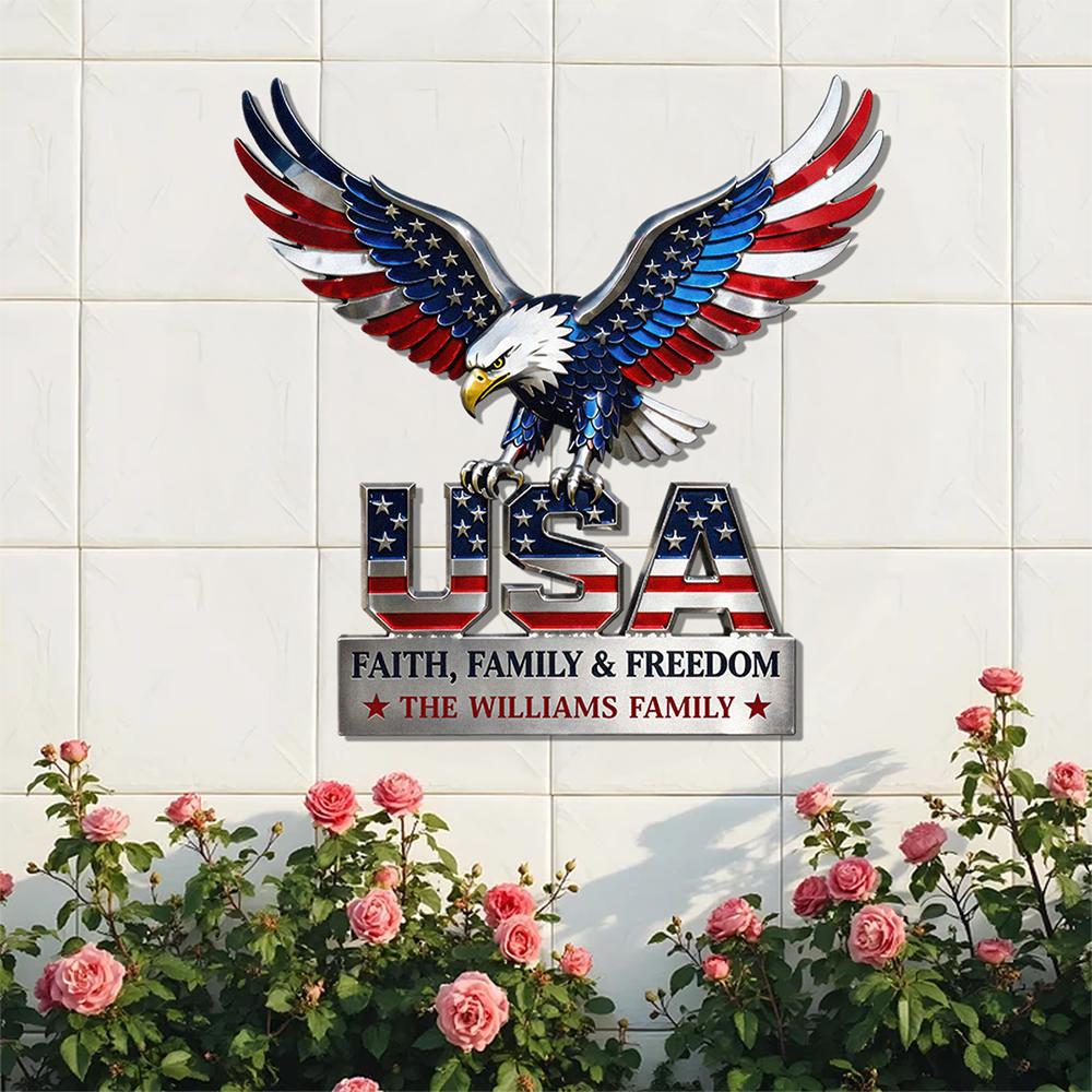 Custom Family Name Monogram Metal Sign, USA Eagle Patriotic Wall Decor, Personalized American Flag Sign CH07 911002