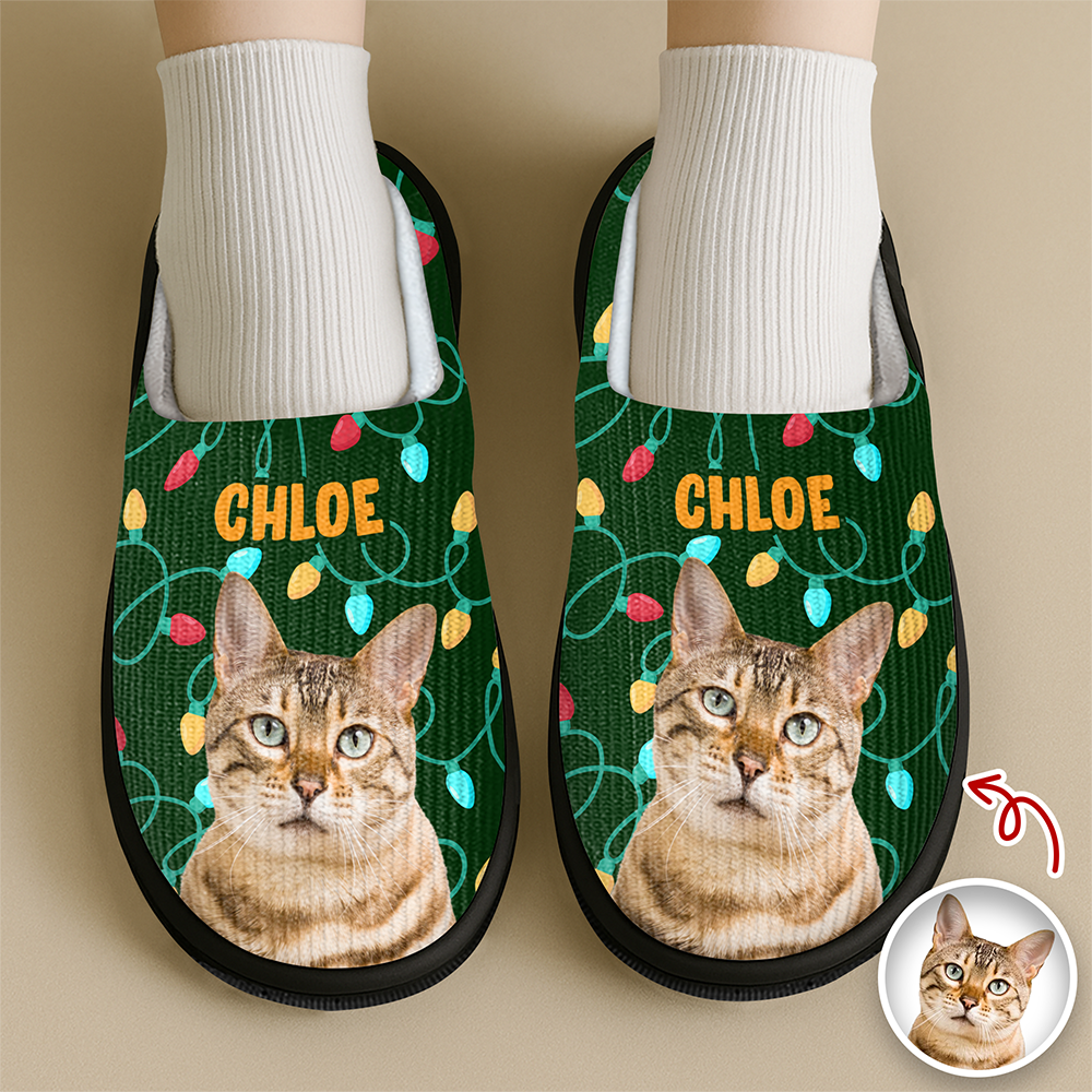 Custom Photo Cat Christmas Lights Slippers Unique Funny Gift HA75 897694