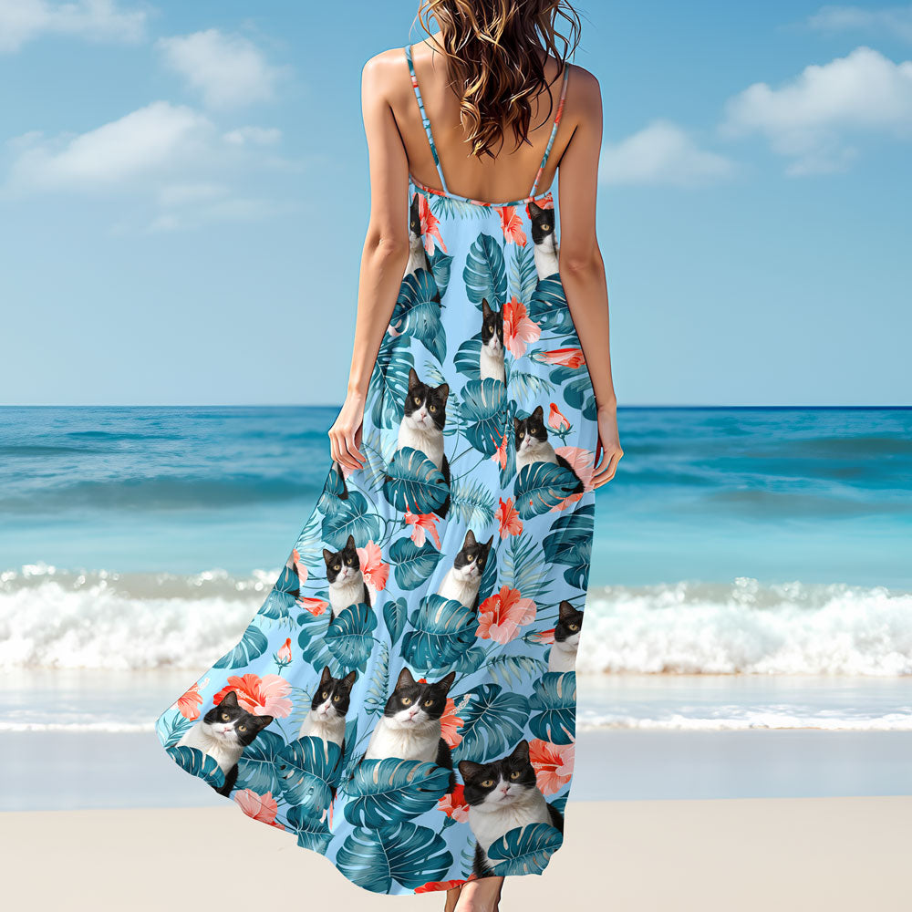 Custom Cat Photo Hawaiian Style Women's V-Neck Cami Maxi Dress For Summer Beach Holiday HO82 893594