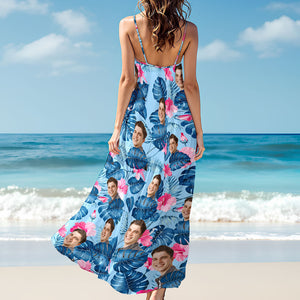 Custom Human Photo Hawaiian Style Women's V-Neck Cami Maxi Dress For Summer Beach Holiday HO82 893596