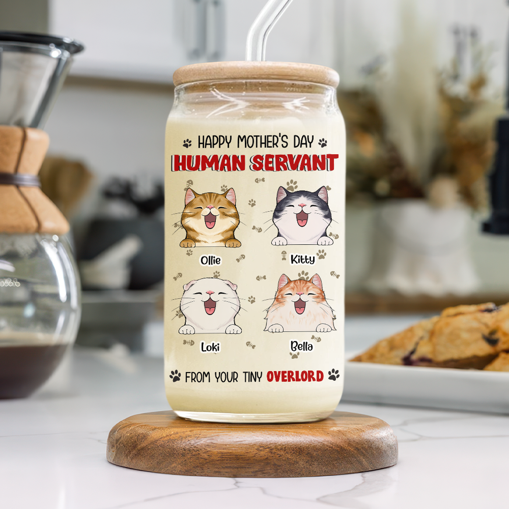 Happy Mother's Day Human Servant Funny Personalized Glass Can With Lid Gift For Cat Lovers CH07 895446