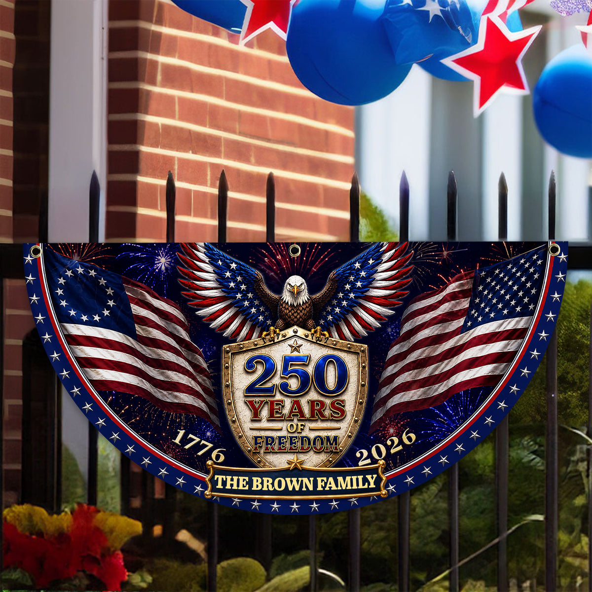 Custom Family Name 250th Birthday Party Patriotic Shield Eagle Non-Pleated Fan Flag CH07 911692
