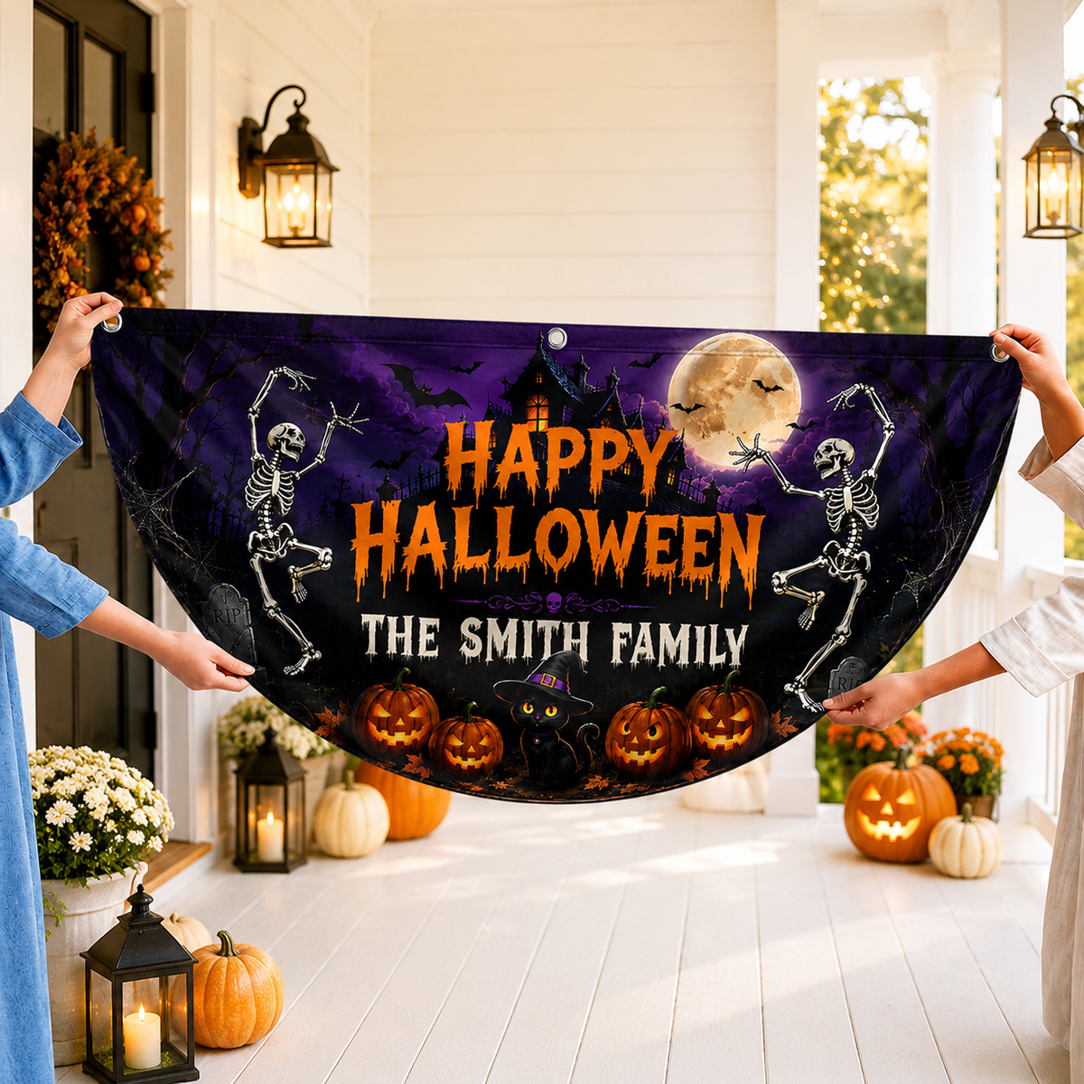 Custom Family Name Skeleton Pumpkin Happy Halloween Party Decor Non-Pleated Fan Flag LM32 669633