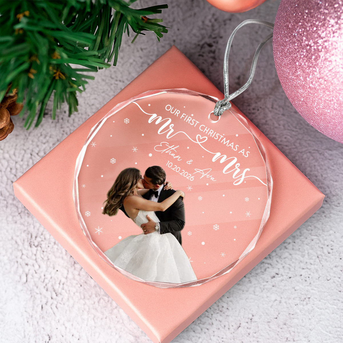 Custom Photo Our First Christmas As Mr & Mrs Glass Ornament LM32 669831