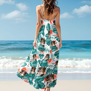 Custom Dog Photo Hawaiian Style Women's V-Neck Cami Maxi Dress For Summer Beach Holiday HO82 893590