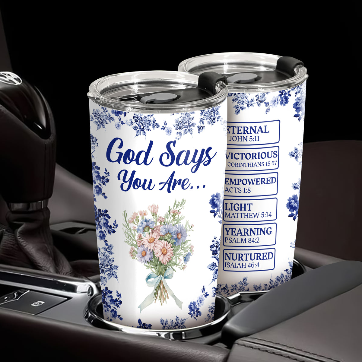 Personalized Name Letter God Says I Am Flower Toile De Jouy Style Fat Tumbler LM32 895361