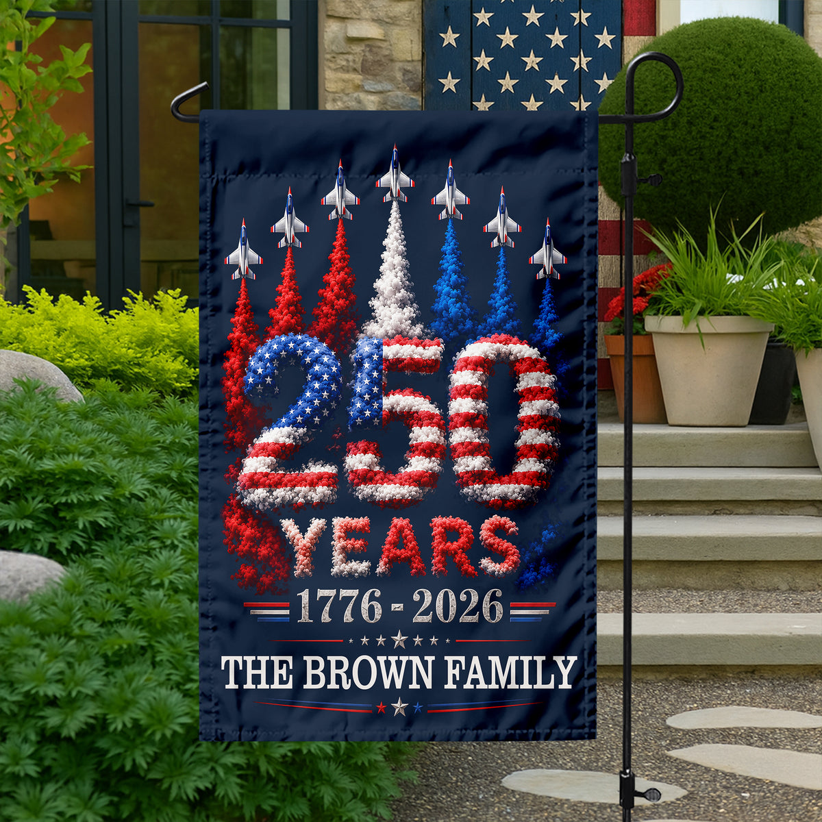 Custom Family Name US 250 Years 1776–2026 Patriotic Jets Garden Flag LM32 669177