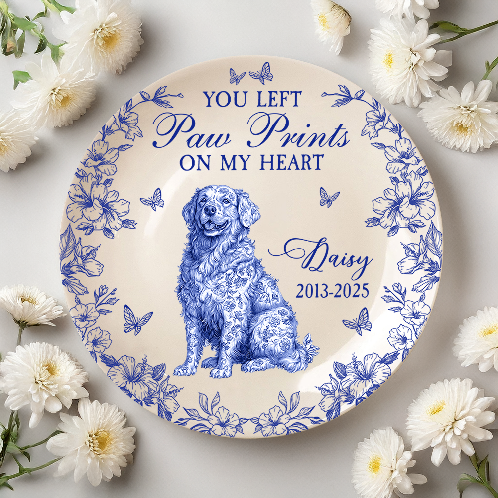 Custom Dog Breeds You Left Paw Prints On My Heart Chinoiserie Toile De Jouy Style Personalized Memorial Ceramic Plate HA75 892652
