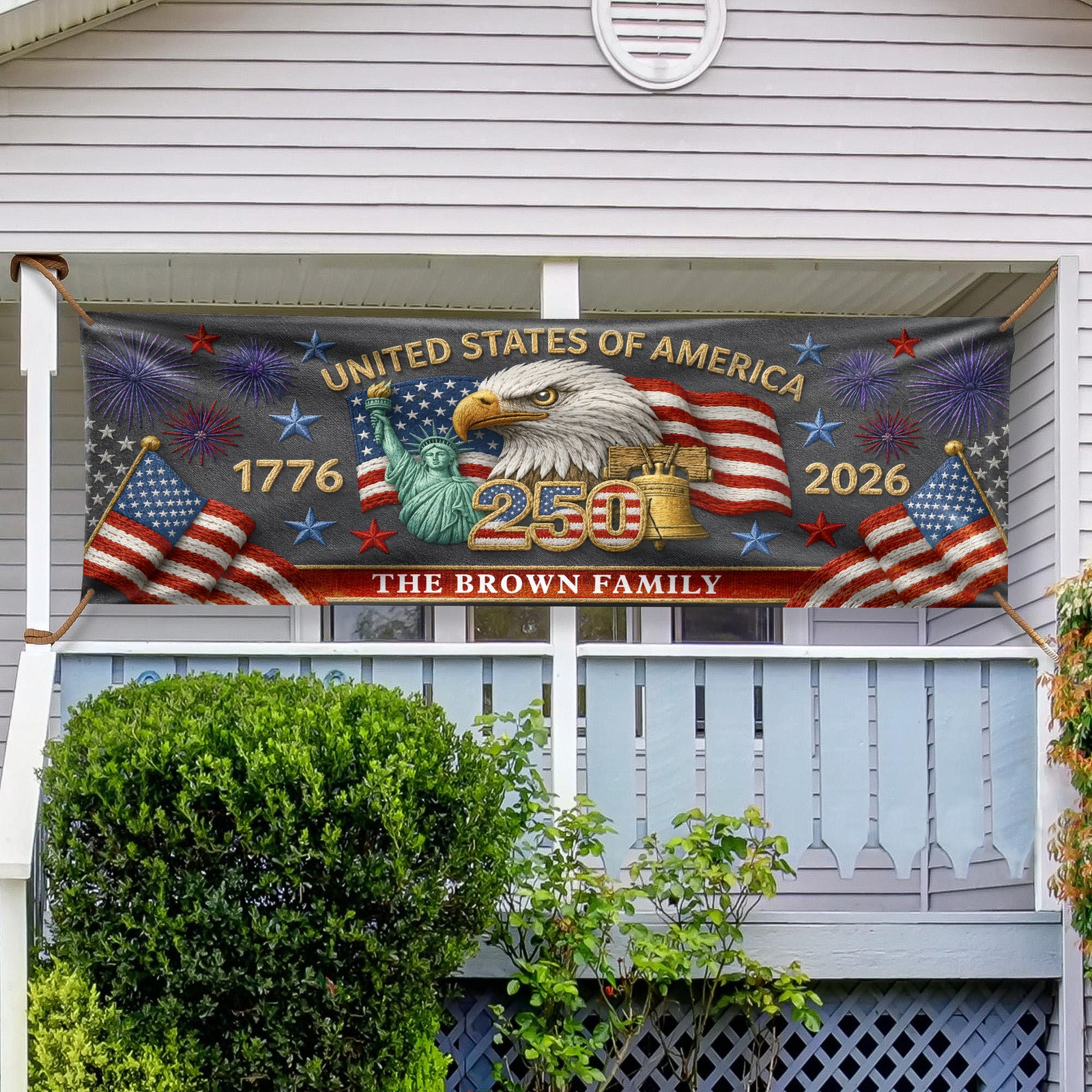 Custom Family Name 250th Birthday America Eagle Embroidered Effect Patriotic Party Banner LM32 669281