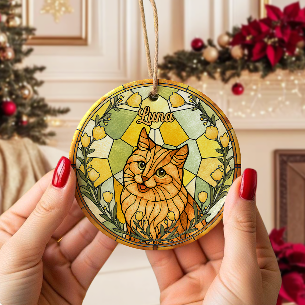 Custom Cat Photo With Flower Memorial Ceramic Ornament - Personalized Gift For Cat Lovers HO82 903328