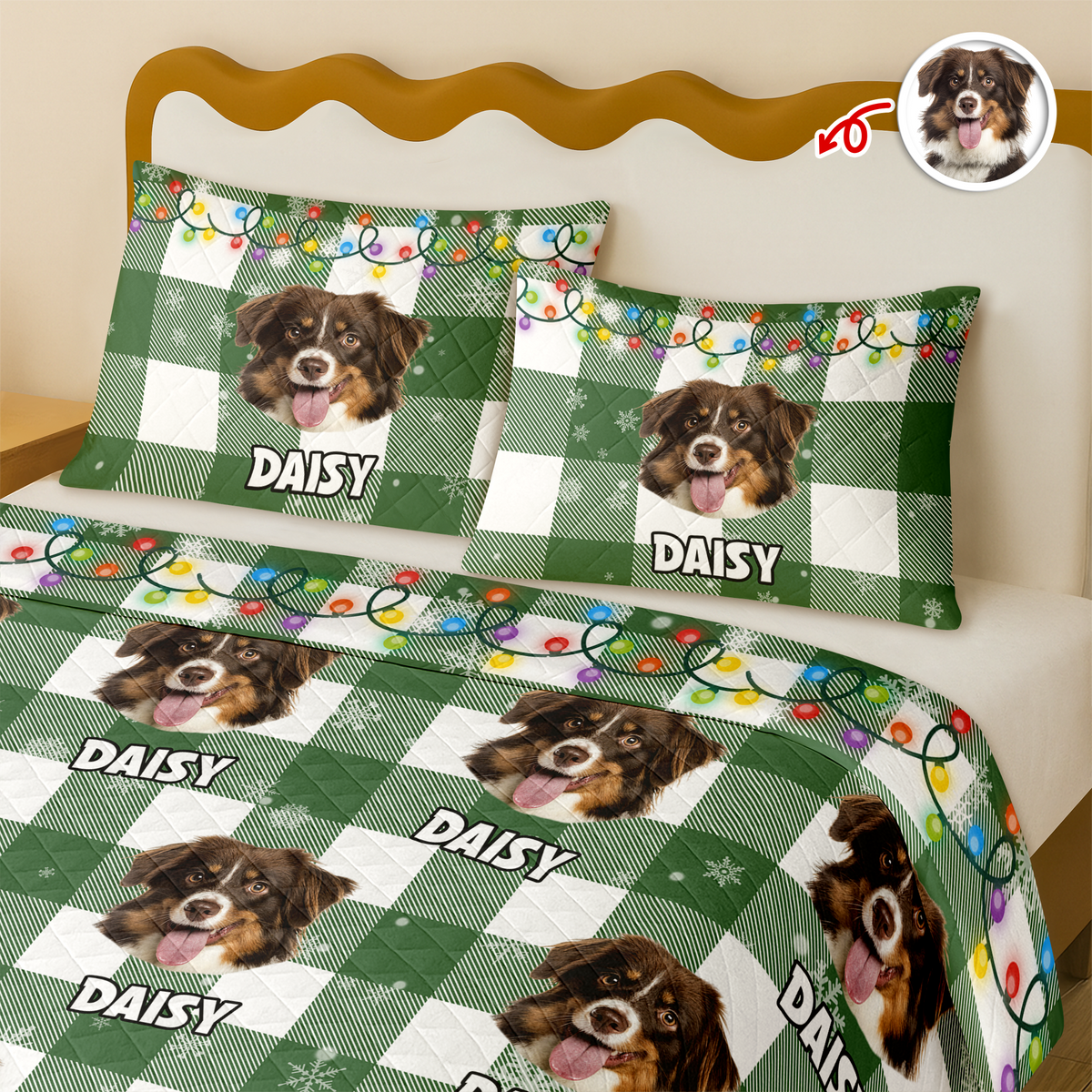 Custom Dog Photo Name Snow Christmas Light Holiday Bedding Set CH07 899086
