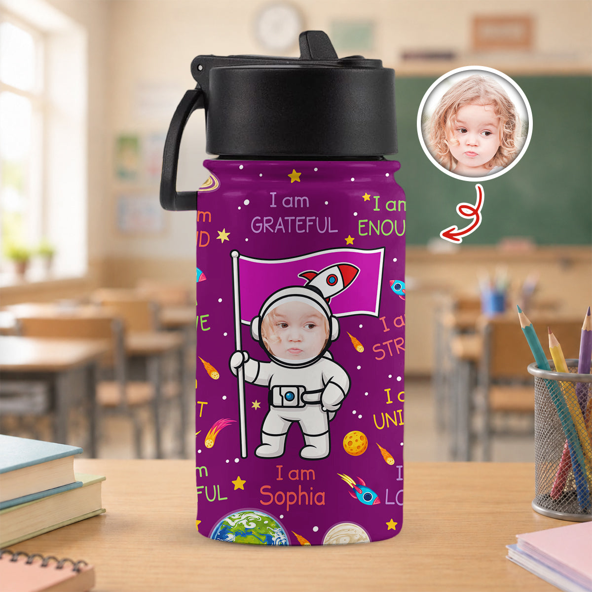 Personalised Photo Cute Astronaut Galaxy Kid Water Bottle with Positive Affirmations Phrase, Back To School Gift for Kids HO82 902976