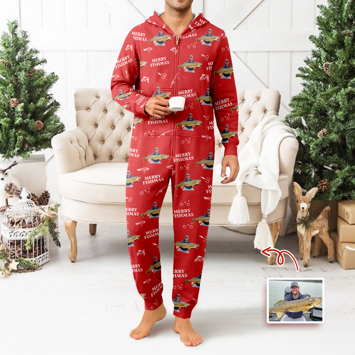 Custom Photo Merry Fishmas Onesie Pajamas Christmas Gift For Fishing Lovers, Fisherman HA75 898254
