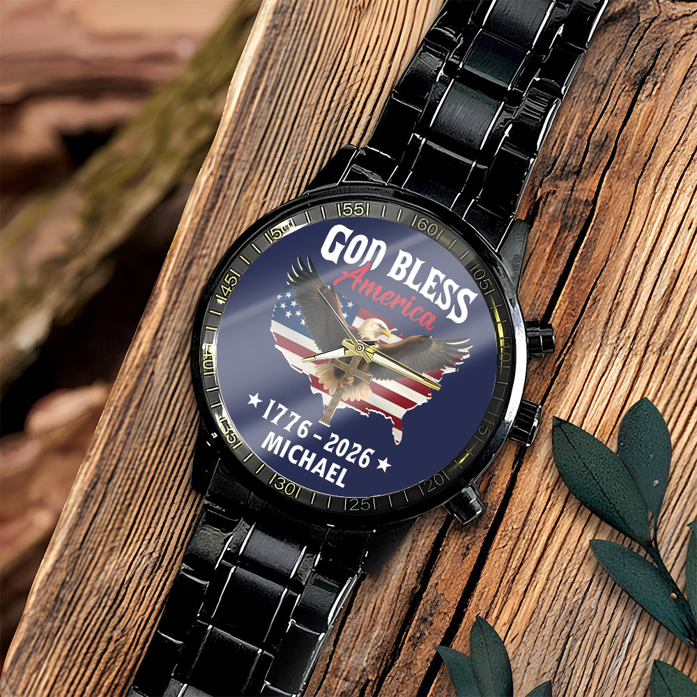 Personalized Name Patriotic 250th Anniversary God Bless America Eagle 1776–2026 Men's Wrist Watch HO82 901560