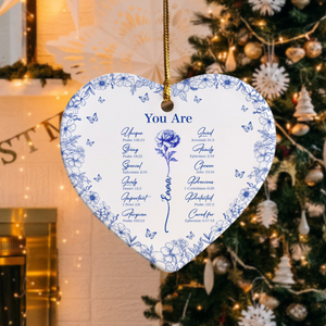 God Says You Are Christian Toile De Jouy Birth Flower Personalized Heart Shaped Ceramic Ornament HA75 897160
