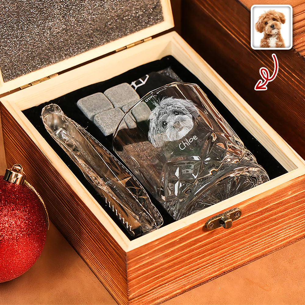 Custom Dog Photo Thank You For Being My Daddy Christmas Gift Engraved Whiskey Glass Set with Wooden Box HA75 898028