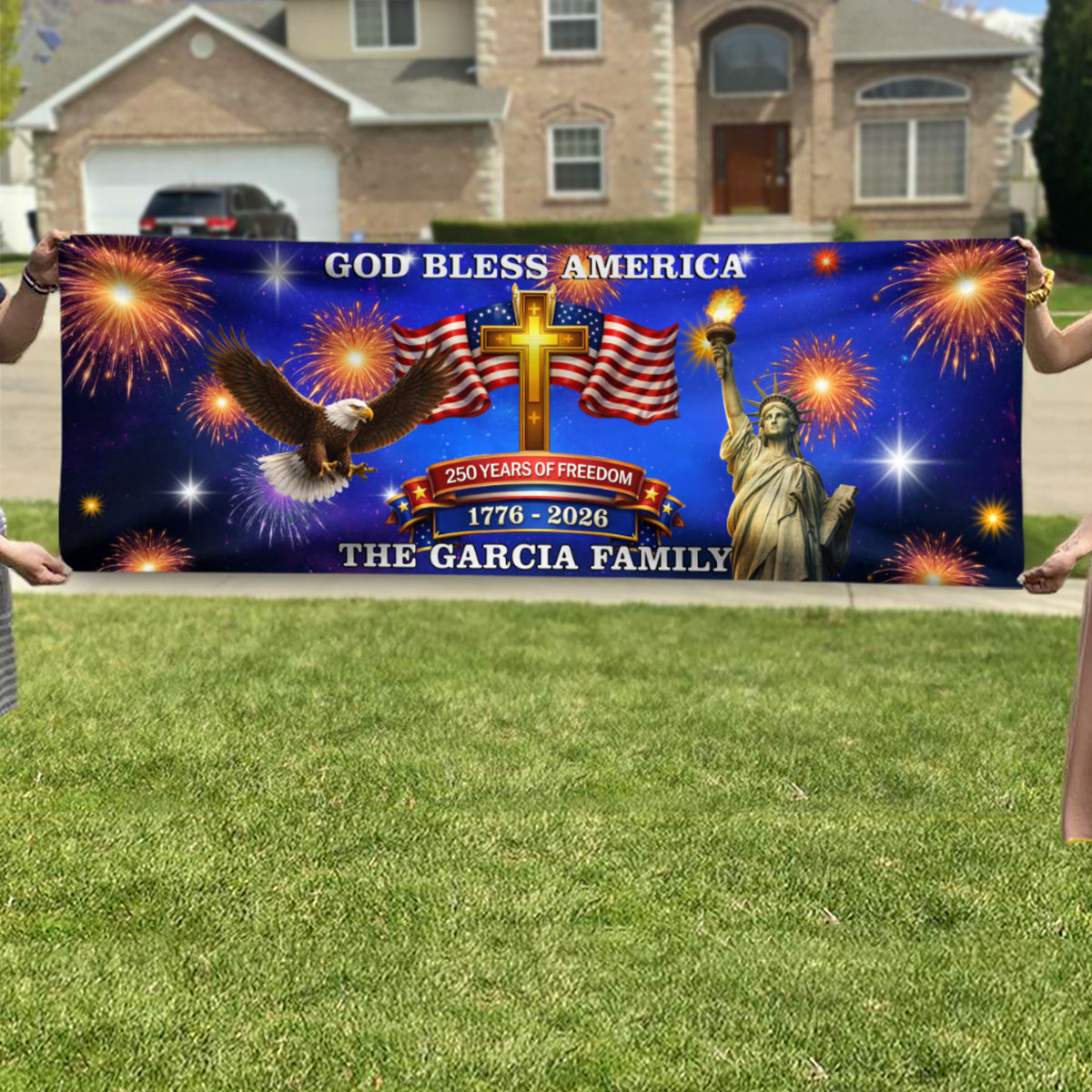 Custom Family Name 250 Years of Freedom God Bless America 1776 - 2026 Banner HO82 902158