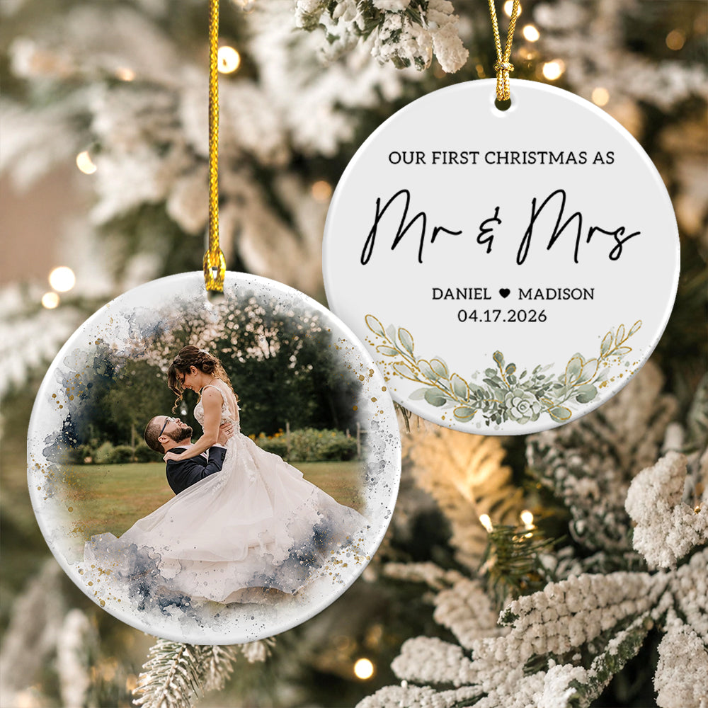 Custom Photo First Christmas As Mr & Mrs Ceramic Ornament, Personalized Wedding Anniversary Gift LM32 669795