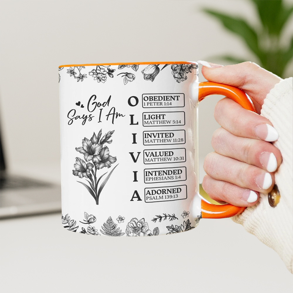 Personalized God Says I Am Name Letter In Bible Birth Flower Toile De Jouy Style Accent Mug HO82 894652