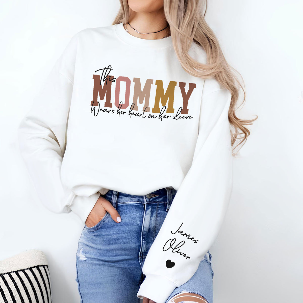 Custom Name This Mama Wears Her Heart On Her Sleeve - Personalized Sleeve Sweatshirt LM32 899091