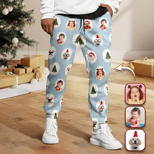 Custom Cute Photo Santa Christmas Green Tree Striped Pattern Sweatpants LM32 897419