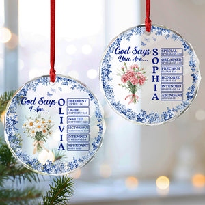 Personalized Name Letter God Says I Am Flower Toile De Jouy Style Glass Ornament LM32 895363