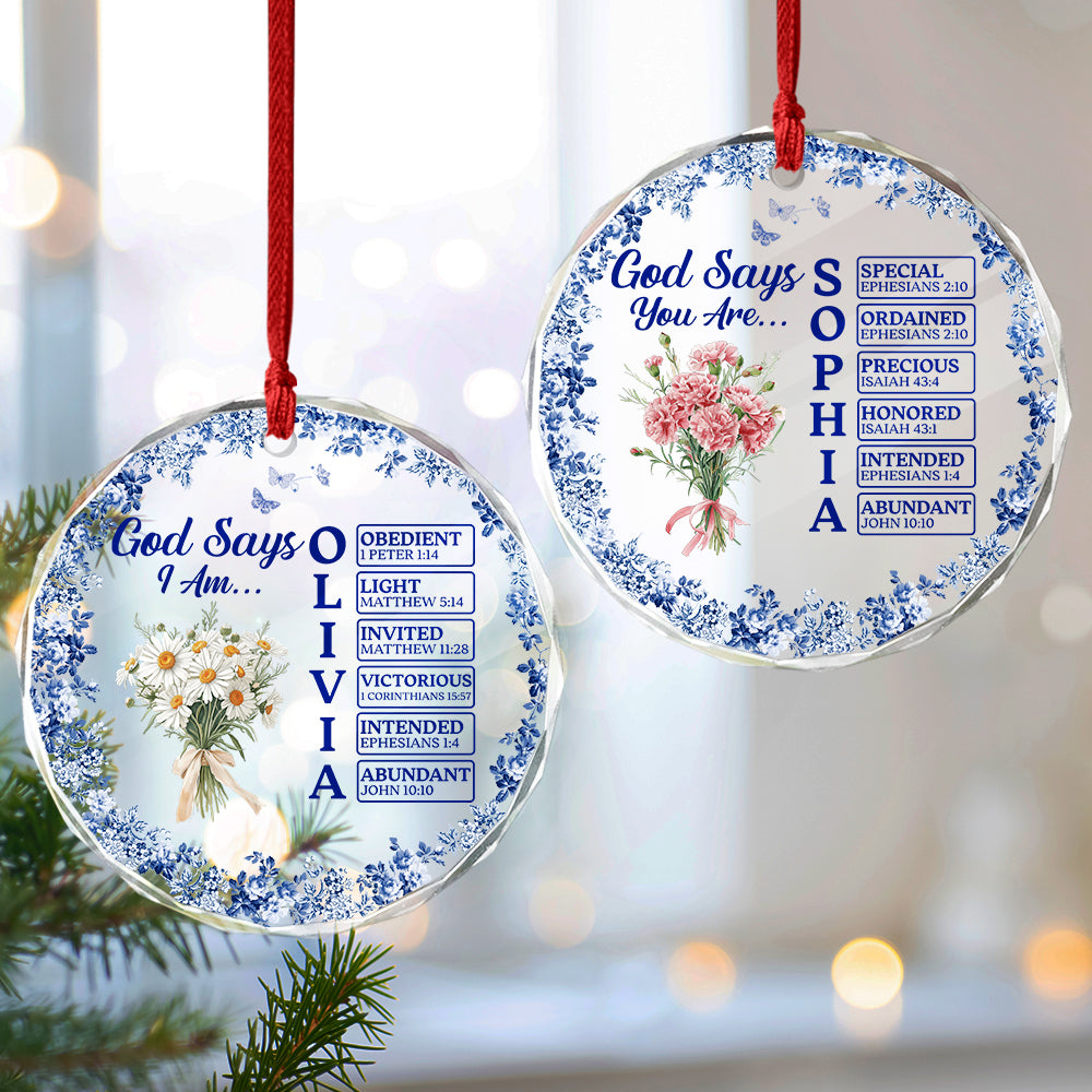 Personalized Name Letter God Says I Am Flower Toile De Jouy Style Glass Ornament LM32 895363