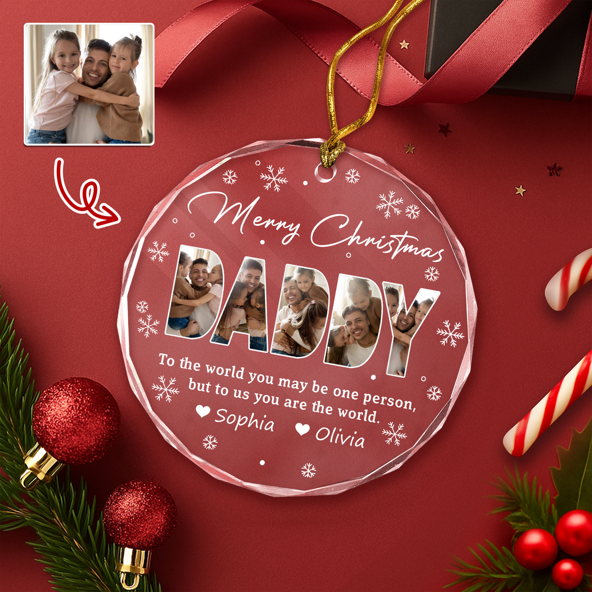 Custom Photo Merry Christmas Dad To Me You Are The World Family Glass Circle Ornament HO82 894708