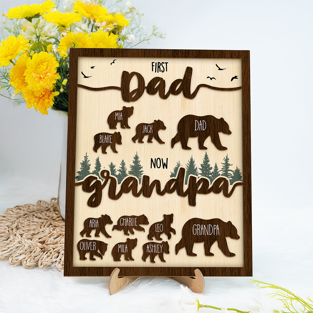 Papa Bear With Kid Name Family 2-Layered Wooden Plaque With Stand Personalized Gift For Father's Day, Dad HO82 894042