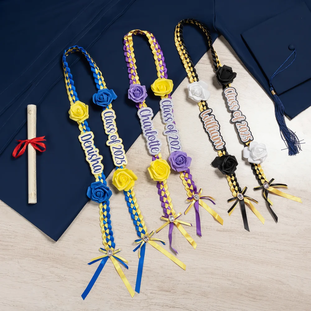 Personalized Class of 2026 Rose Rhinestone Two-Colored Braided Graduation Ribbon Lei with Texts Graduation Party Decor Gift for Graduates TH10 898335