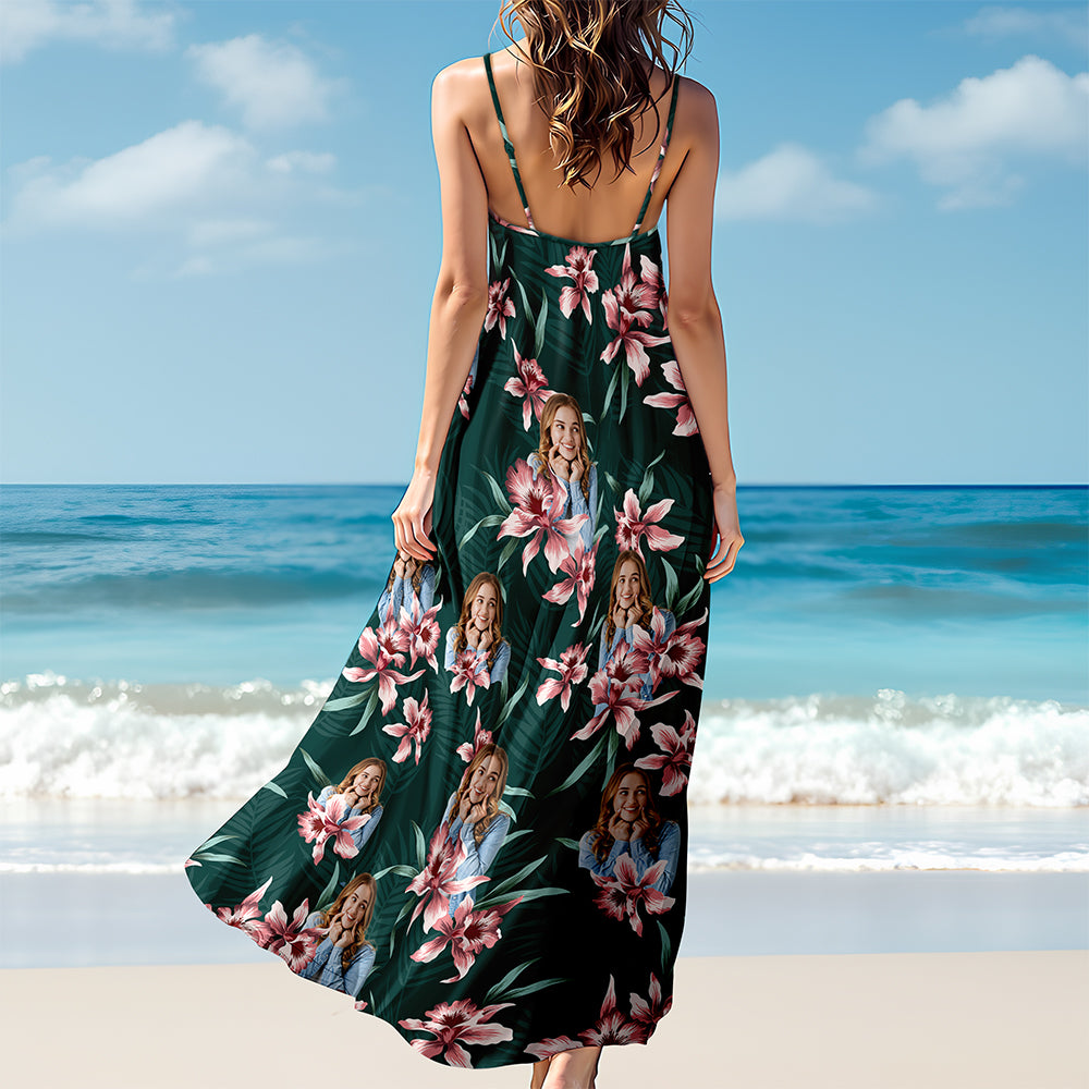 Custom Face Photo With Lily Flowers Women's V-neck Cami Maxi Dress TH10 892635