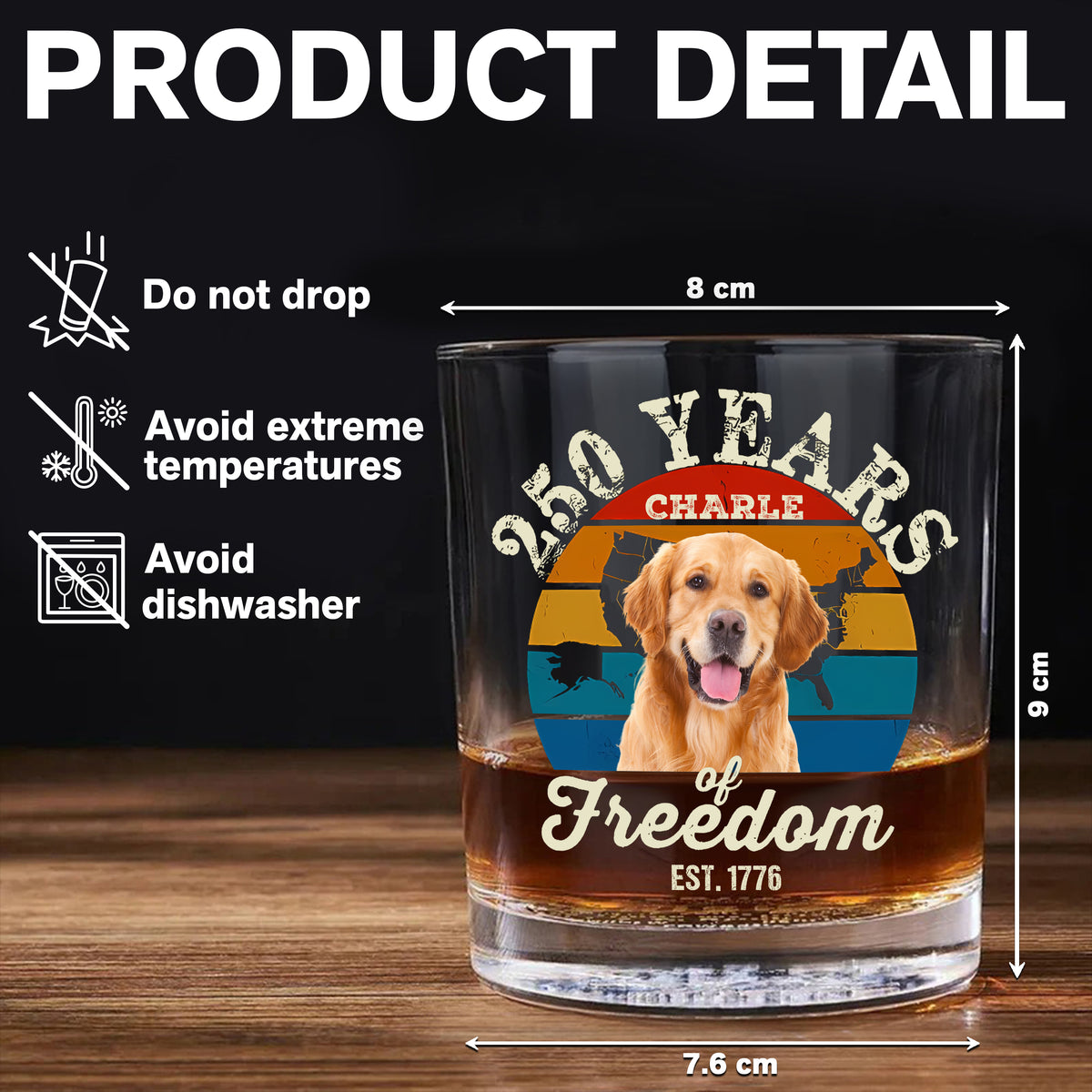 Custom Dog Photo 250 Years of Freedom EST. 1776 Whiskey Glass LM32 895325