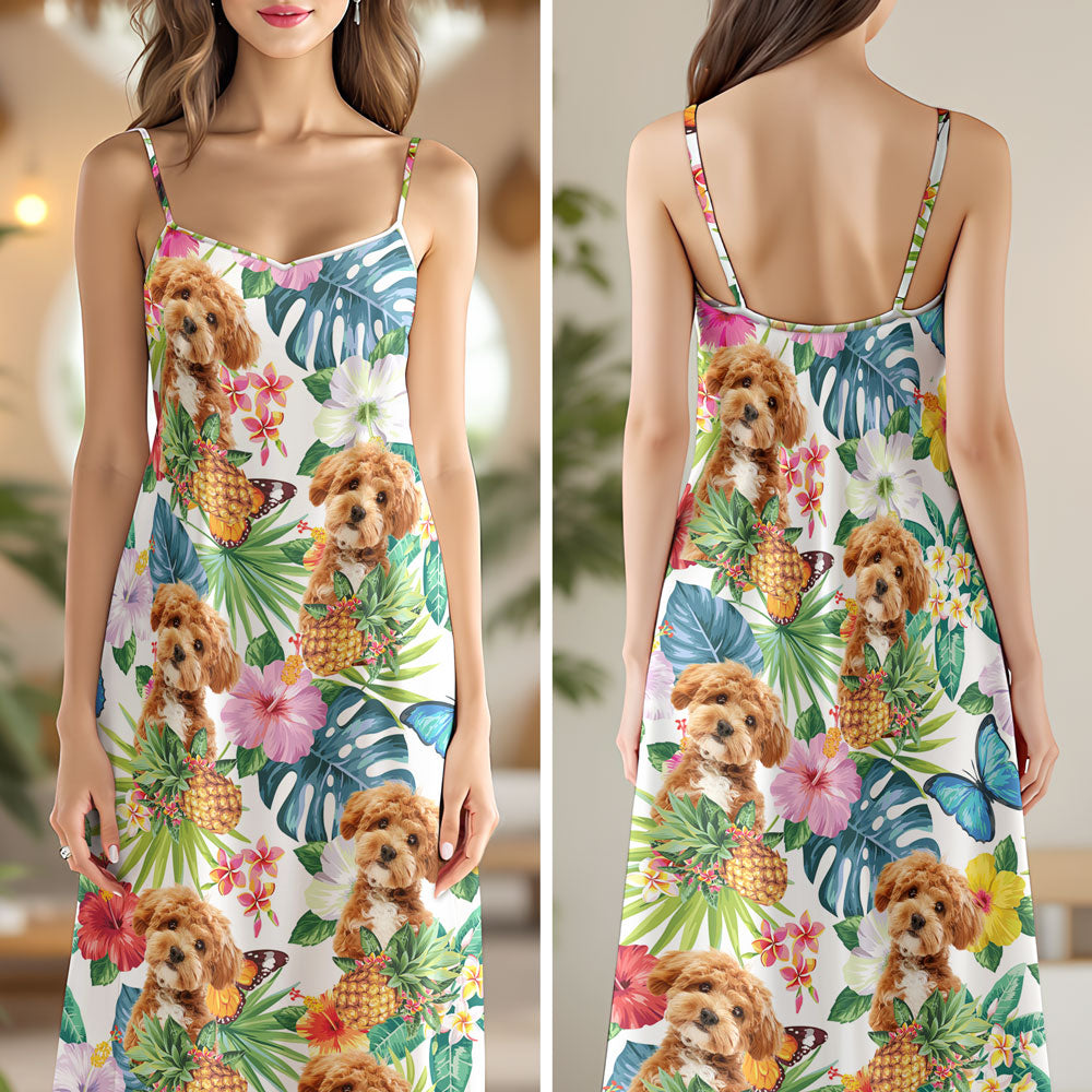 Custom Dog Photo Tropical Women's V-Neck Cami Maxi Dress HO82 893604
