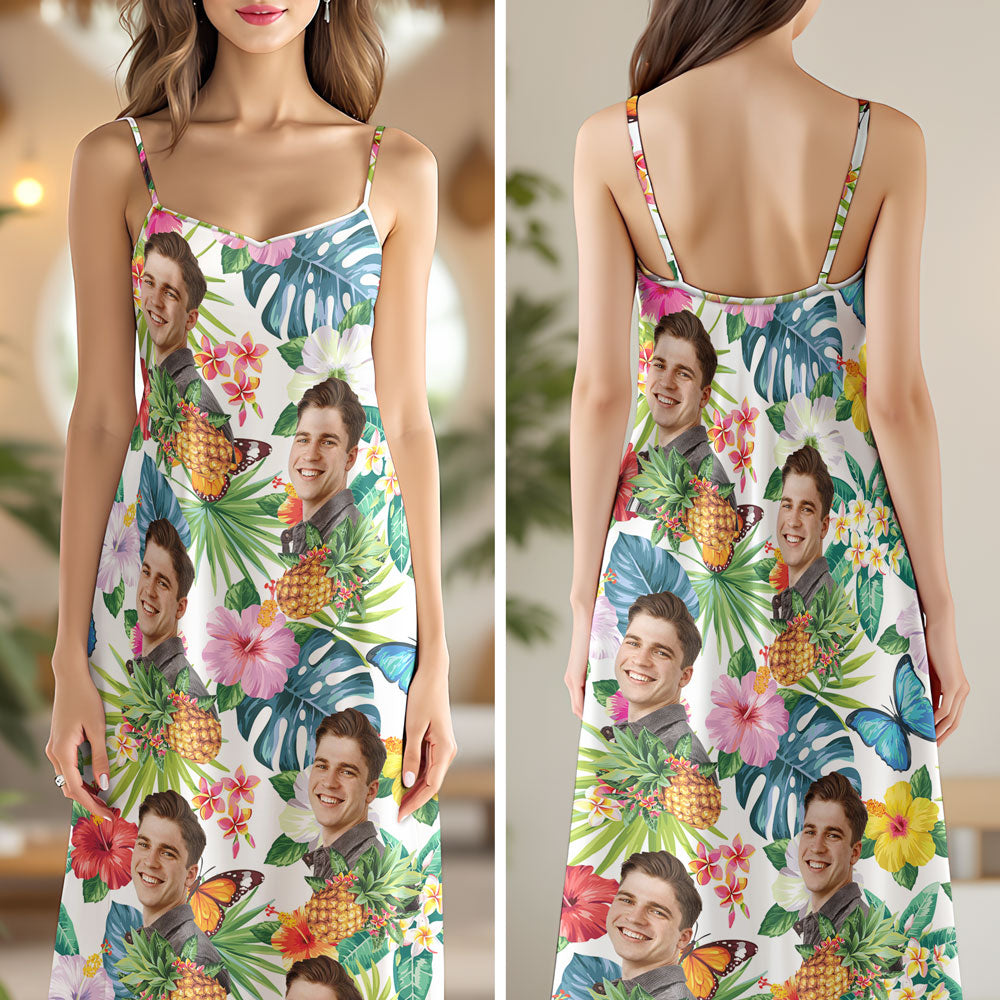 Custom Human Photo Tropical Women's V-Neck Cami Maxi Dress HO82 893608