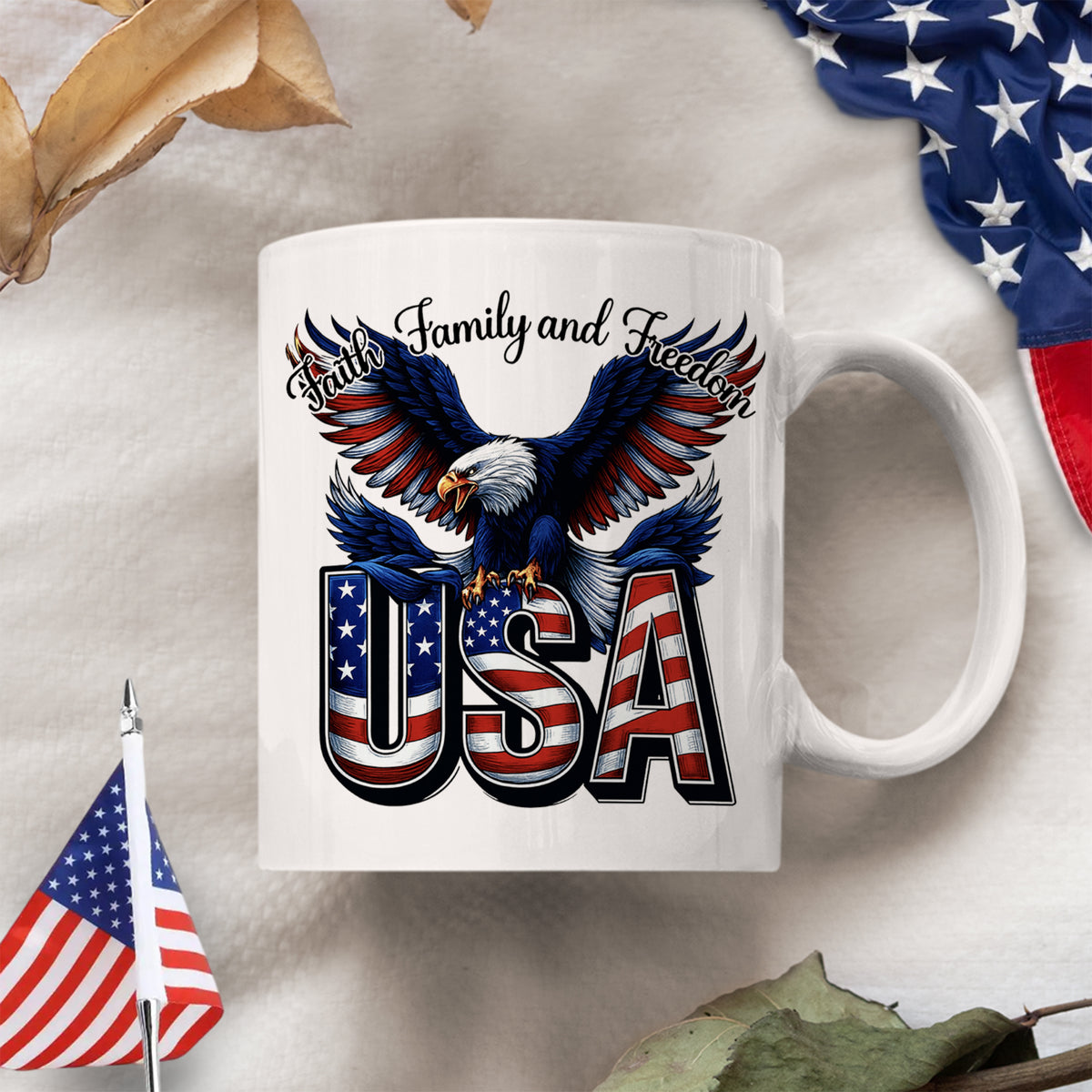 Faith, Family & Freedom America 250 Years Patriotic White Mug LM32 897359