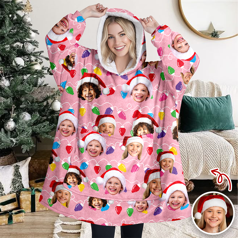 Custom Photo With Colorful Christmas Lights Hoodie Blanket For Family HA75 898290