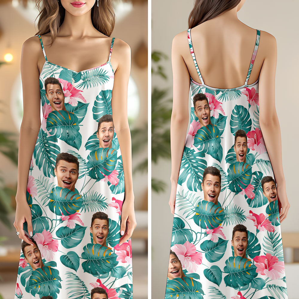 Custom Human Photo Hawaiian Style Women's V-Neck Cami Maxi Dress For Summer Beach Holiday HO82 893596
