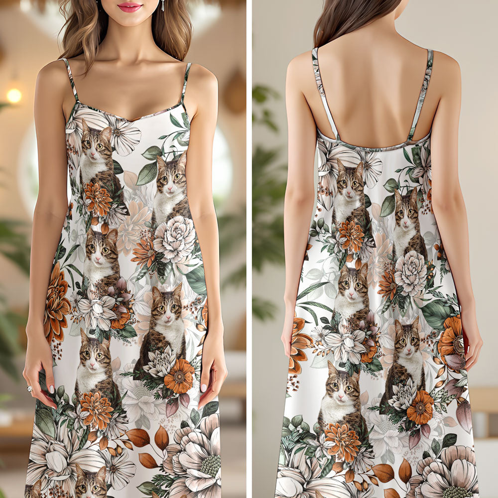 Custom Cat Photo Floral Style Women's V-Neck Cami Maxi Dress HO82 893600