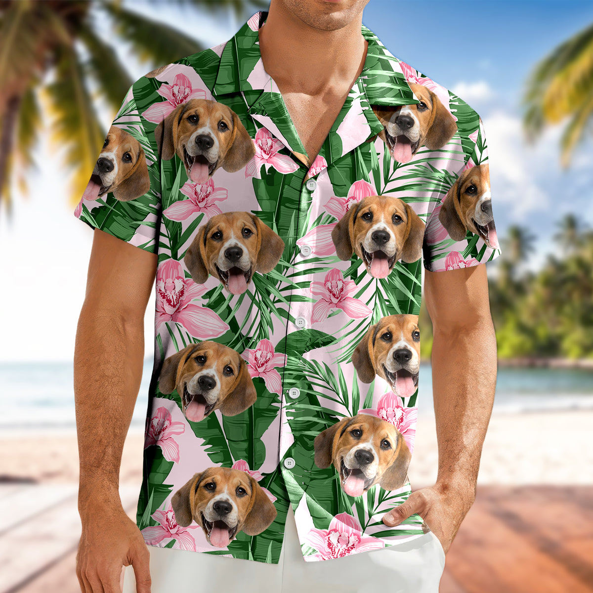 Custom Photo Funny Face Dog Cat Family Vacation Tropical Pattern Hawaii Shirt HA75 892308