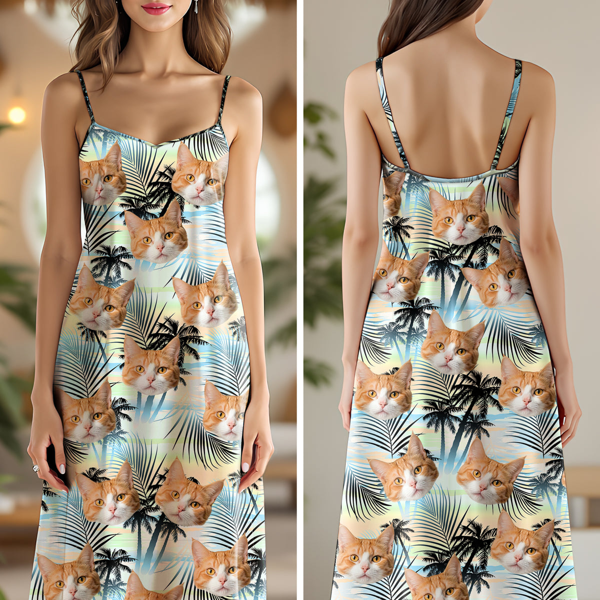 Custom Cat Photo Tropical Summer Pattern Cami Maxi Dress HO82 902398