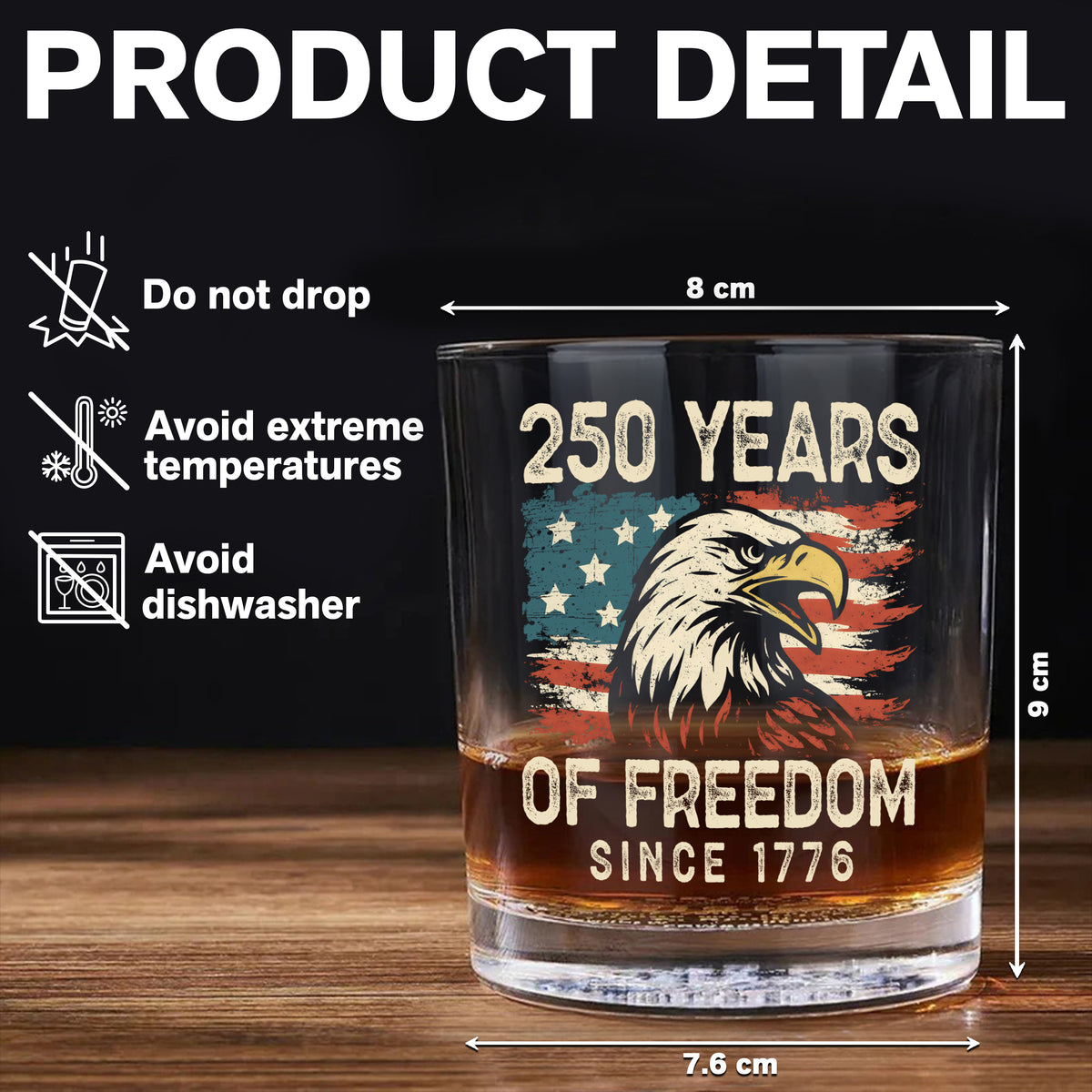 250 Years Of Freedom Since 1776 USA Bald Eagle America Flag Whiskey Glass HA75 897376