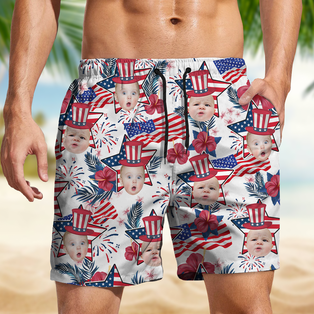 Custom Photo US Flag With Hawaii Pattern Man Beach Shorts, Father's Day Gift, For Dad HO82 894054
