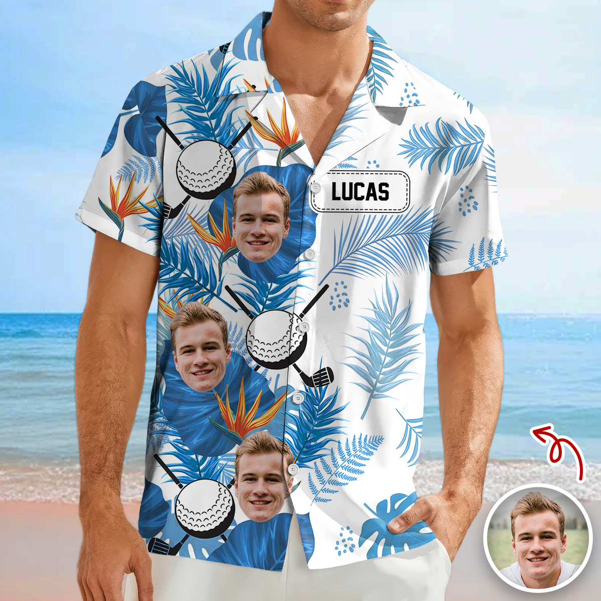 Custom Golfer Photo Tropical Leaf Pattern Hawaiian Shirt CH07 899872