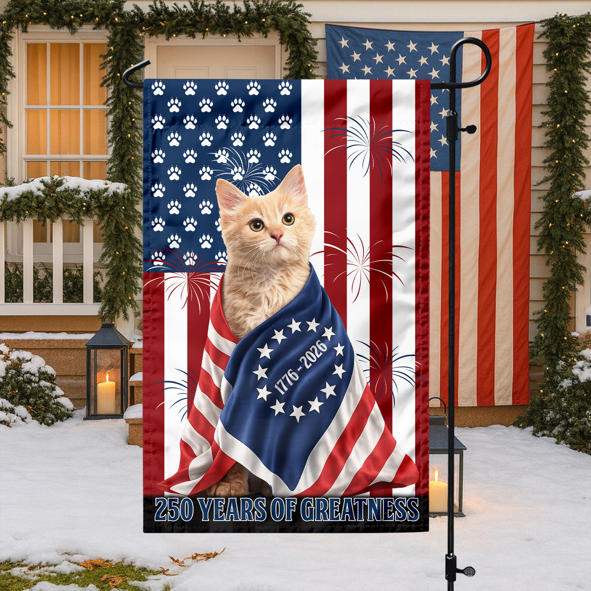 Custom Photo My Dog, Cat Loves America 250 Patriotic Garden Flag HA75 898908