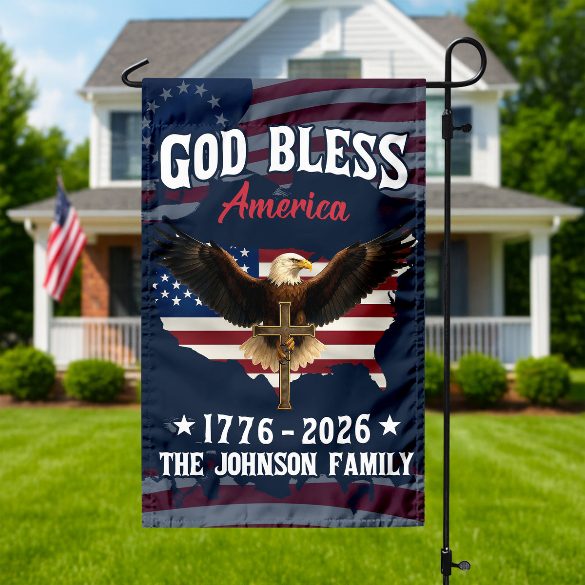 Custom Family Name Patriotic 250th Anniversary God Bless America Eagle 1776–2026 Garden Flag HO82 900870