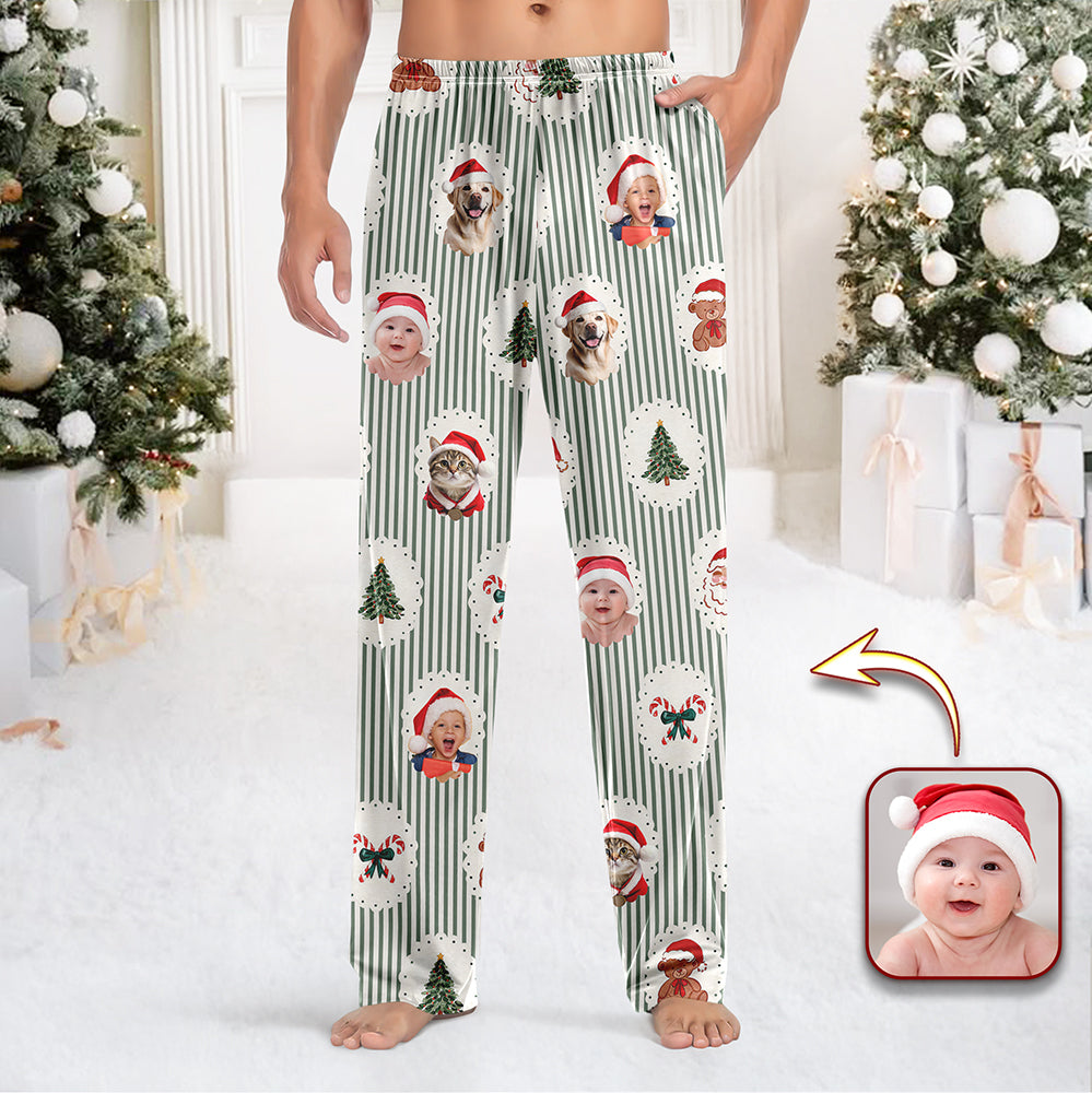 Custom Cute Photo Santa Christmas Green Tree Striped Pattern Sweatpants LM32 897419