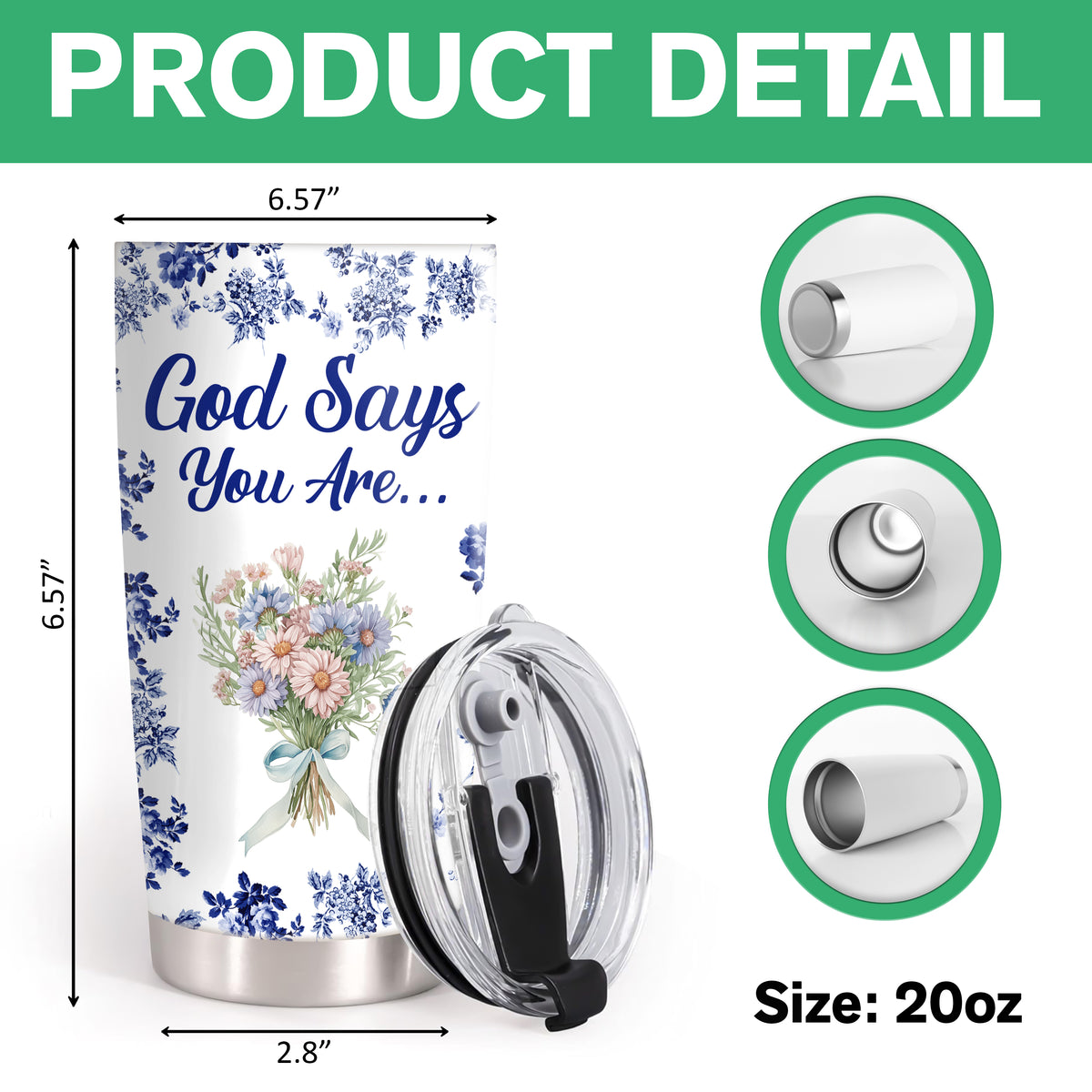Personalized Name Letter God Says I Am Flower Toile De Jouy Style Fat Tumbler LM32 895361