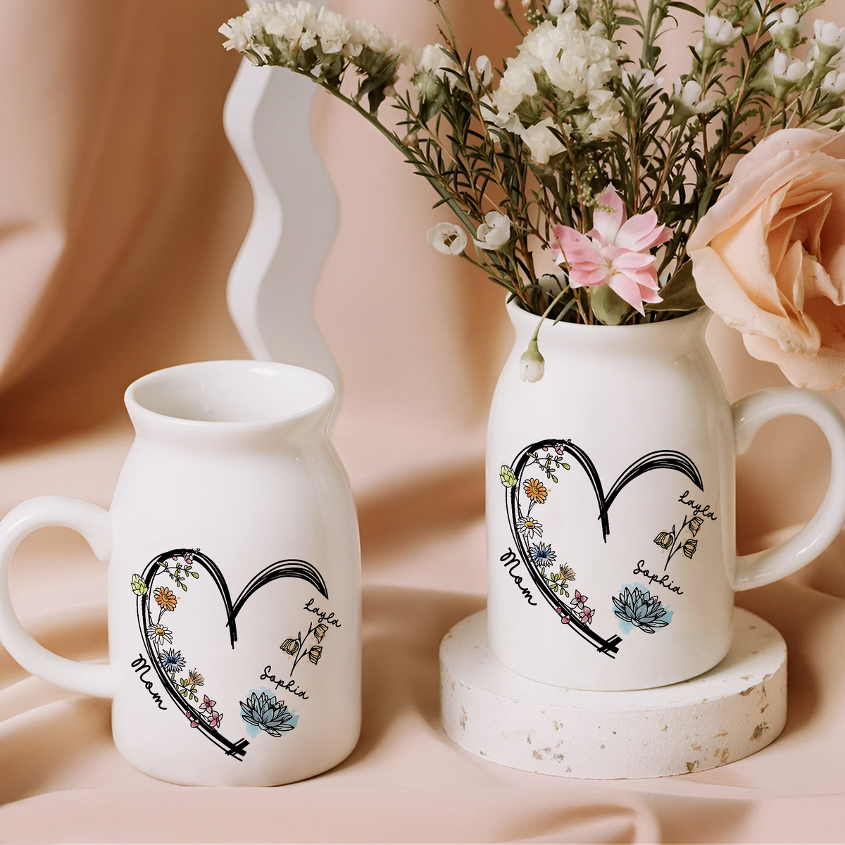 Personalized Names & Birth Flowers Vase with Heart, Mother's Day, Birthday Gift CH07 910886